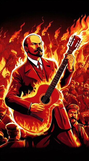 illustration lenin on fire background