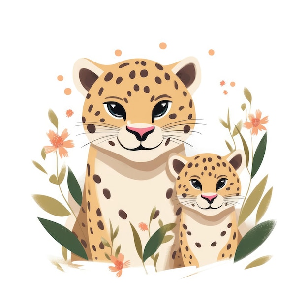 Illustration of a leopard family with flowers on a white background