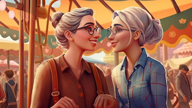 Illustration of a lesbian couple having fun lesbian
