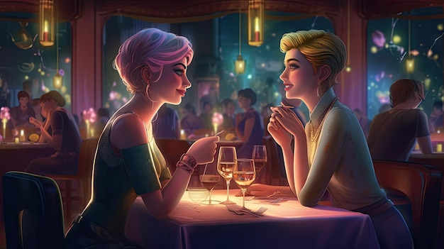 Illustration of a lesbian couple having fun lesbian