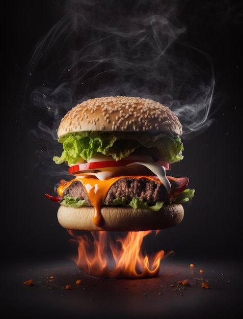 Illustration of levitating delicious burger on fire on dark background Generative AI