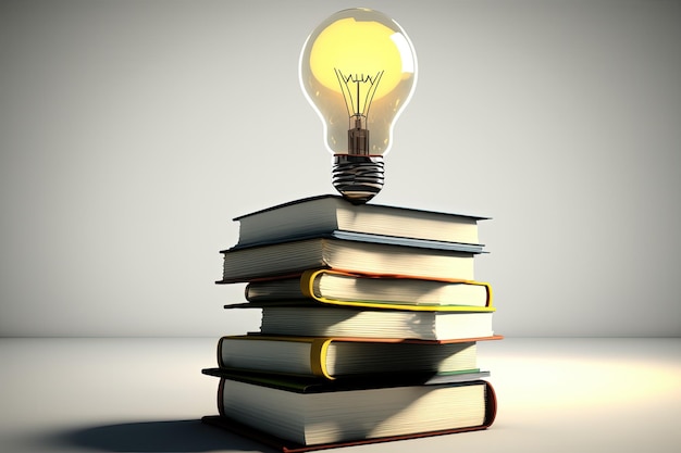 Illustration of light bulb and books white background ideas and creativity concept Generative AI