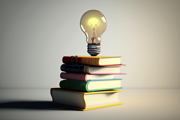 Photo illustration of light bulb and books white background ideas and creativity concept generative ai