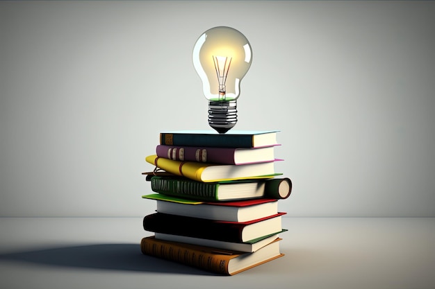 Photo illustration of light bulb and books white background ideas and creativity concept generative ai