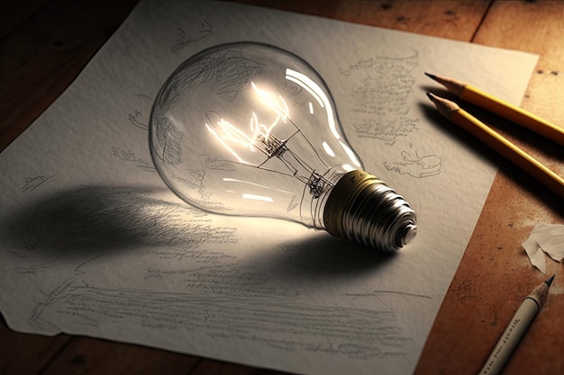 Illustration of light bulb drawn on paper ideas and creativity concept Generative AI