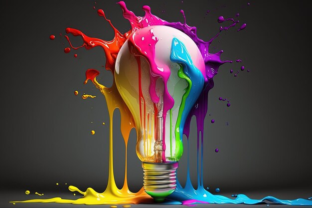 Illustration of light bulb and dripping colored paint black background Generative AI