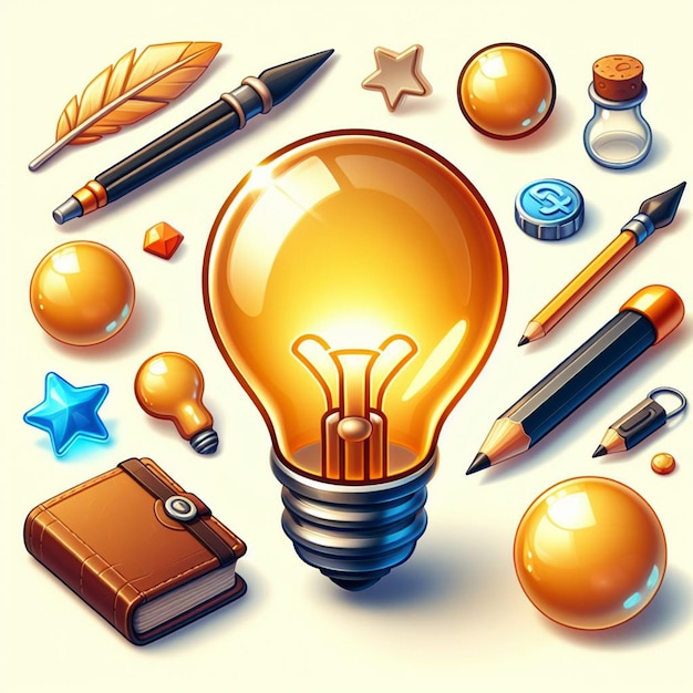 Photo illustration of a light bulb surrounded by diverse objects representing creativity and innovation