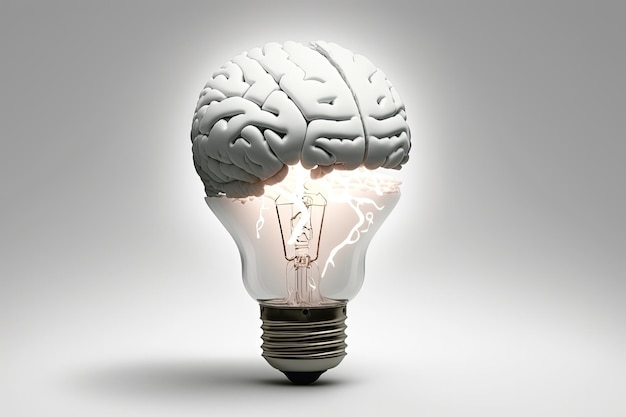 Photo illustration of light bulb with brain ideas and creativity concept background generative ai