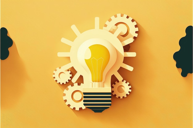 Illustration of light bulb with gears on yellow background ideas concept Generative AI