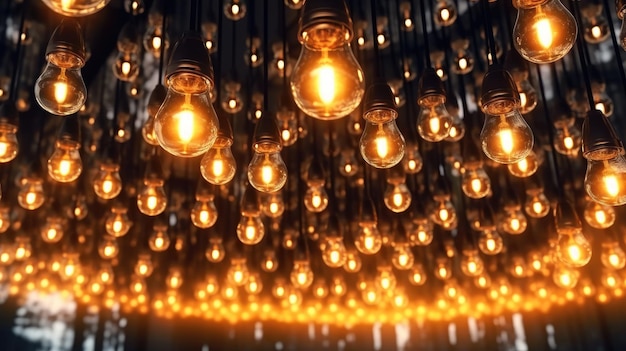 Illustration of light bulbs hanging above in rows ai generative