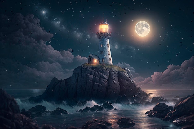 Illustration of a lighthouse on the coast at night with moon and reflection AI generated