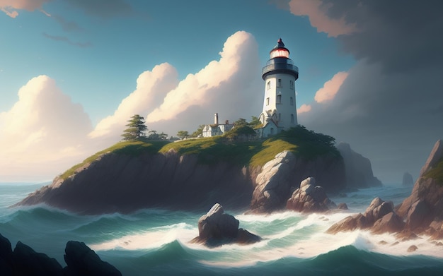 Иллюстрация маяка на острове в океане с зеленой травой и облачным небом