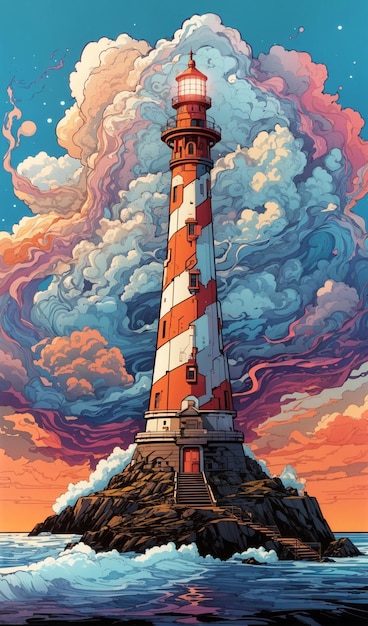 Illustration of a lighthouse in the middle of a sea of starry sky and colorful clouds 2