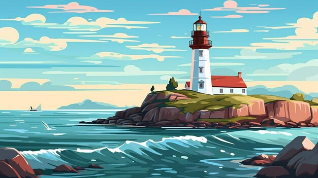 Illustration of a lighthouse on a rocky island with a sailboat in the water generative ai