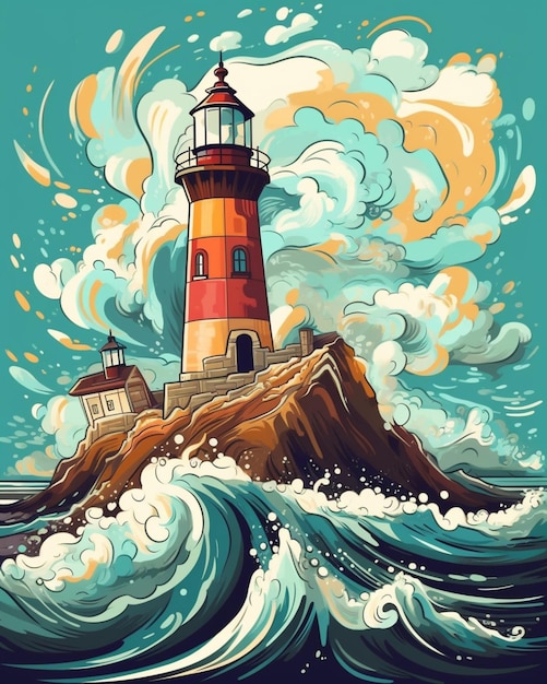 Illustration of a lighthouse on a rocky island with waves generative ai