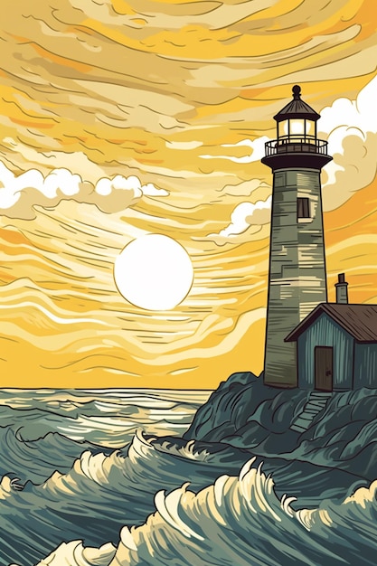 Illustration of a lighthouse on a rocky shore with waves crashing generative ai