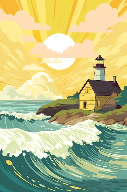 Illustration of a lighthouse on a small island with waves generative ai