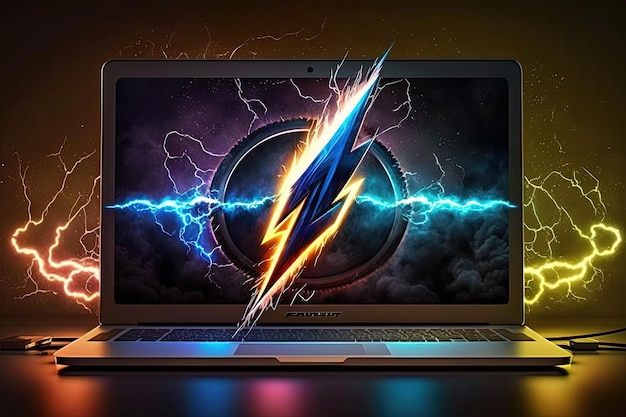 Illustration of lightning and laptop background with lightning and neon lights Generative AI