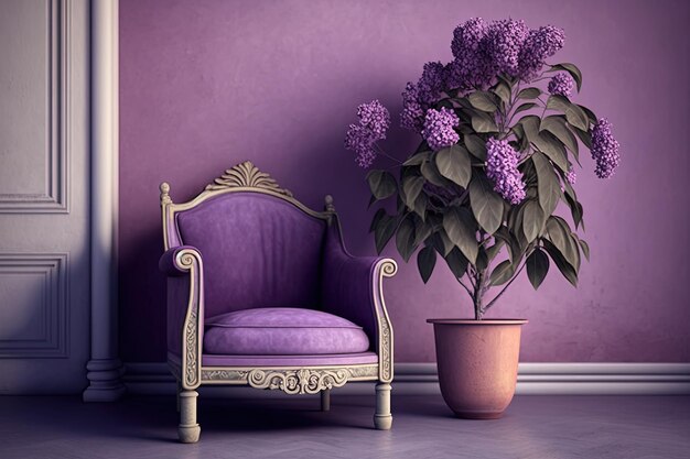 Illustration of lilac wall armchair and potted plant Generative AI