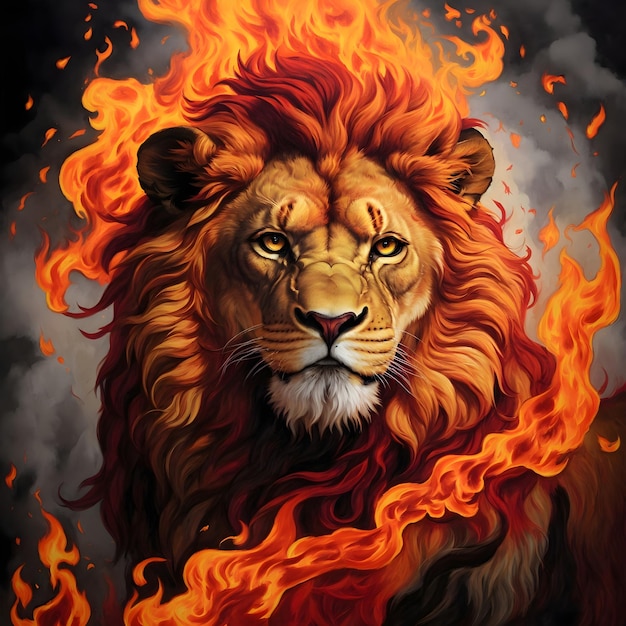Иллюстрация льва среди пламени