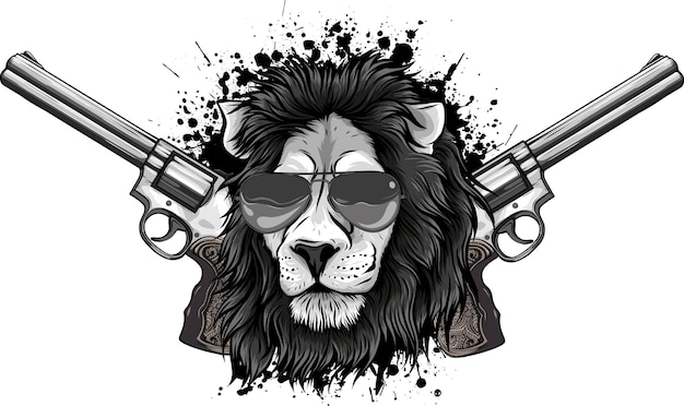 Photo illustration of lion head with two gun