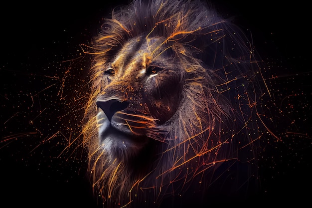 Illustration of lion in neon colors on black background AI