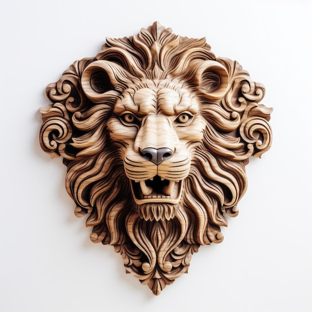 Foto illustrazione sculture in legno a forma di leone sulla parete