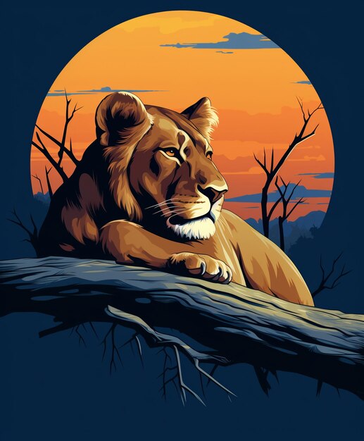 Иллюстрация львицы, отдыхающей на ветке дерева