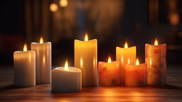 Иллюстрация зажженных свечей на деревянном столе, создающая уютную и теплую атмосферу