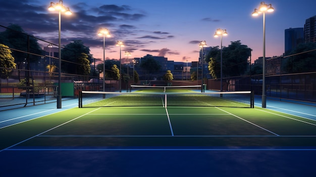 Illustration of a lit tennis court at night illuminated by bright lights