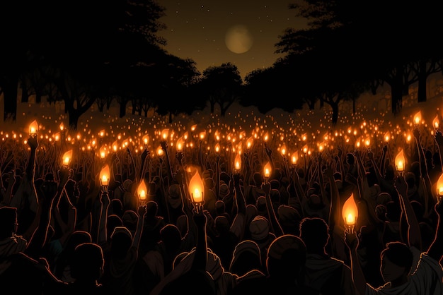 Photo illustration the lit torches around people on indonesia's muslim islamic new years