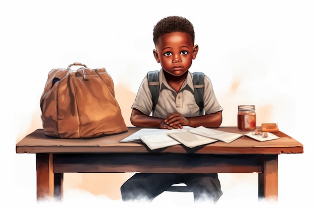 Иллюстрация маленького африканского мальчика, сидящего на школьном столе со своими вещами на столе.