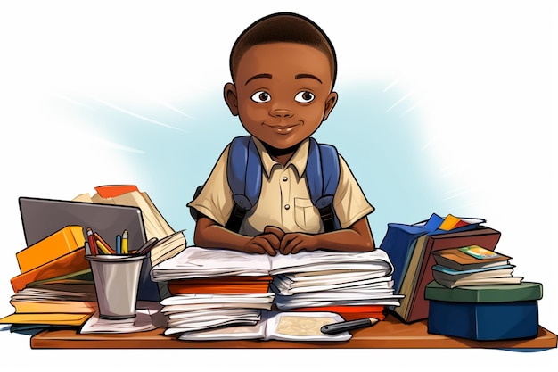 学校のテーブルに座っているアフリカの少年のイラスト