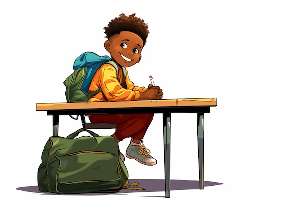 Photo illustration of a little african boy sitting on a school table