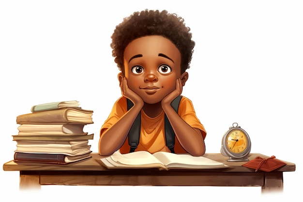 학교 테이블에 앉아있는 작은 아프리카 소년의 그림