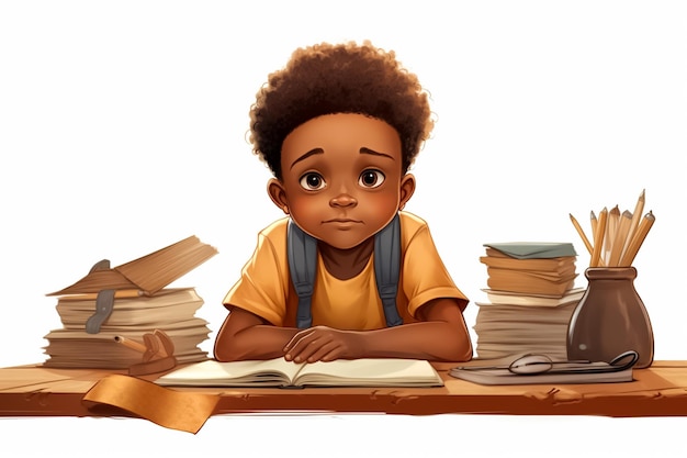 Photo illustration of a little african boy sitting on a school table