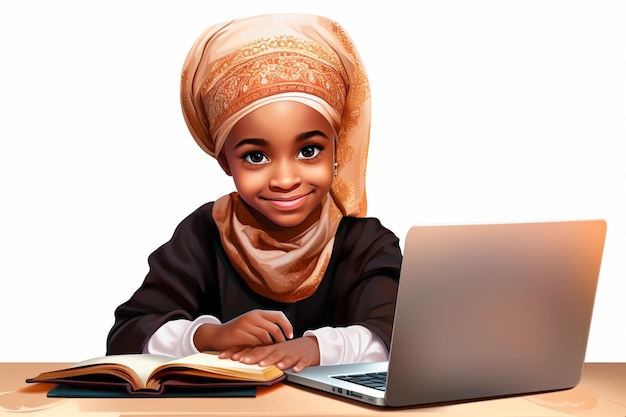 Illustration of a little African Muslim girl sitting on a table revising her lessons her pc white