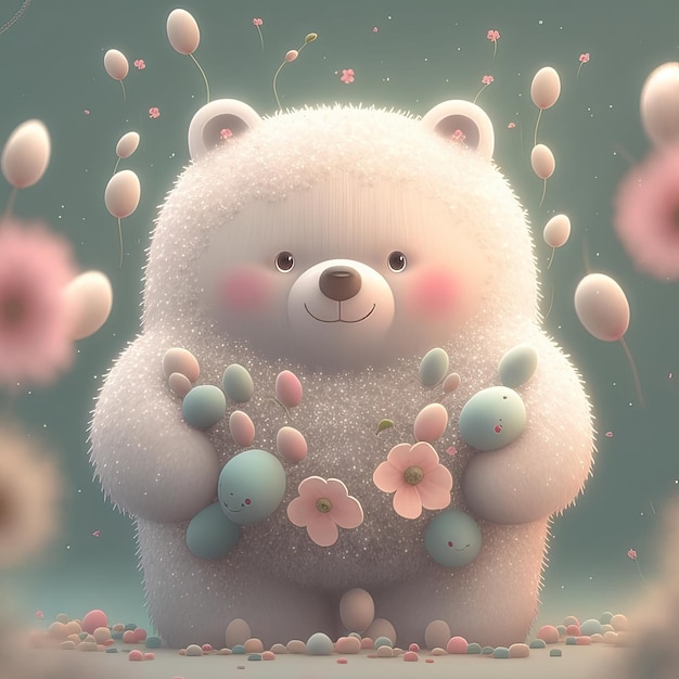 Illustration little bear cub penguin with flowers children's style fairy tale Generative AIxA