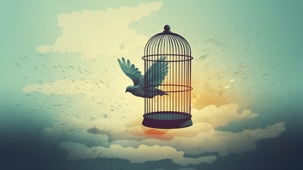 Illustration of little bird flying out of open birdcage surreal freedom motivational concept