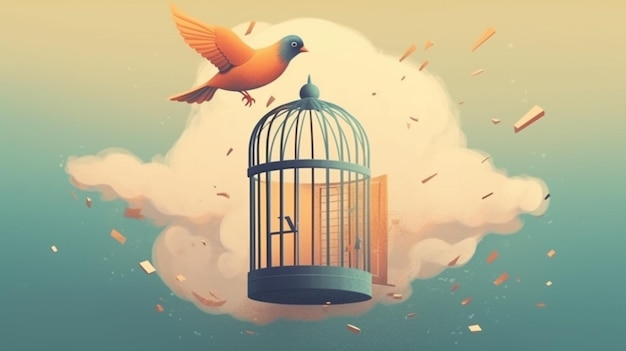 Illustration of little bird flying out of open birdcage surreal freedom motivational concept