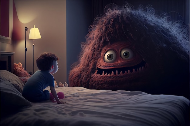 Illustration of little boy afraid of monster in bedroom AI