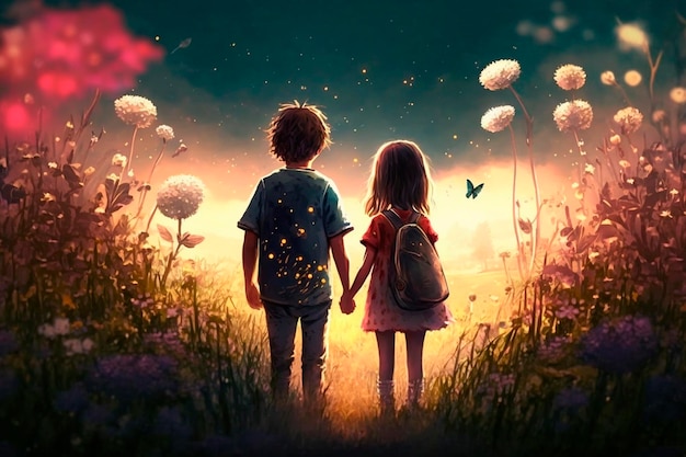 Illustration of a little boy and girl in a fantasy world holding hands from behind AI generated