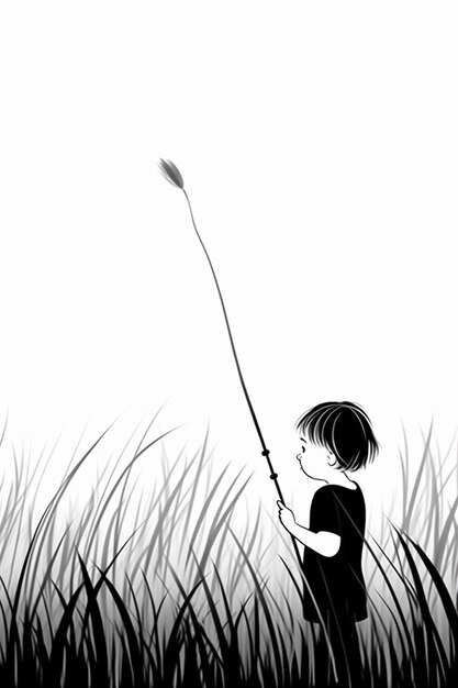 illustration of a little boy holding a kite in a field generative ai