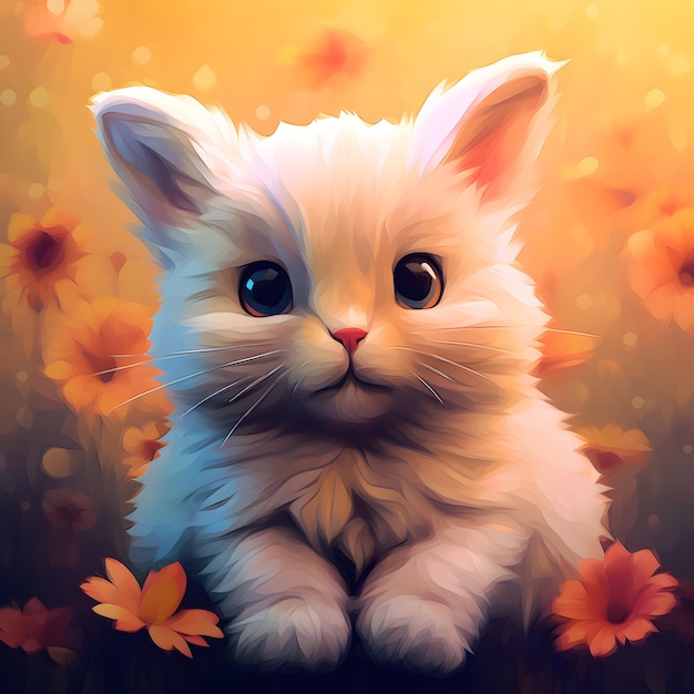 иллюстрация маленькая кошка с цветами Generative AI