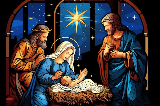 Photo illustration of little christmas the magi brought gifts to the bab generative ai