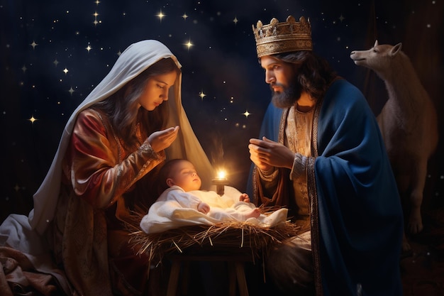 Photo illustration of little christmas the magi brought gifts to the bab generative ai