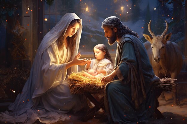 Photo illustration of little christmas the magi brought gifts to the bab generative ai