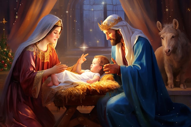 Photo illustration of little christmas the magi brought gifts to the bab generative ai