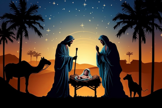 Photo illustration of little christmas the magi brought gifts to the bab generative ai