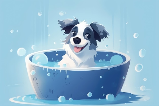 Illustration of Little cute small dog wich waiting for take a bath surrounded bubbles Generative AI